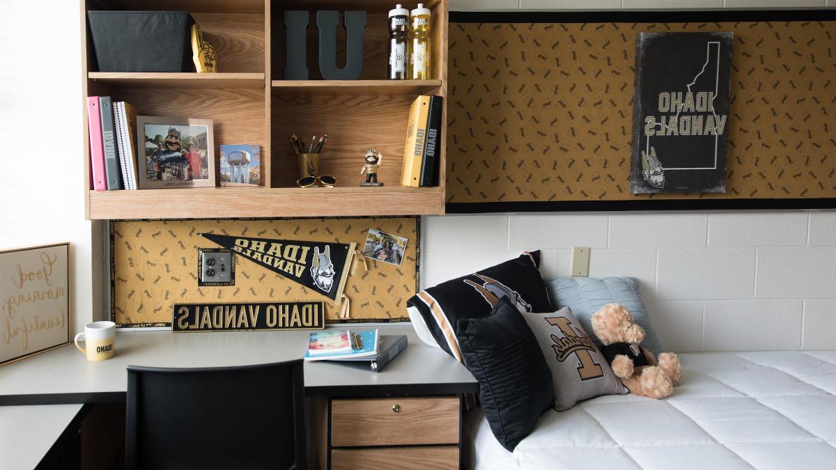 Desk in a dorm room decorated with vandal gear